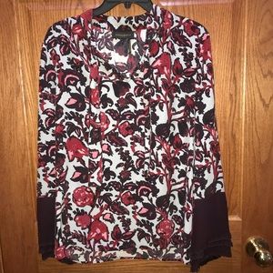 Donna Karan gray & burgundy floral silk blouse-NEW